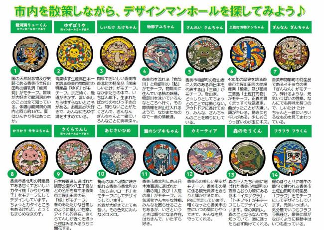 香美市に設置しているデザインマンホールのキャラクターの説明です。